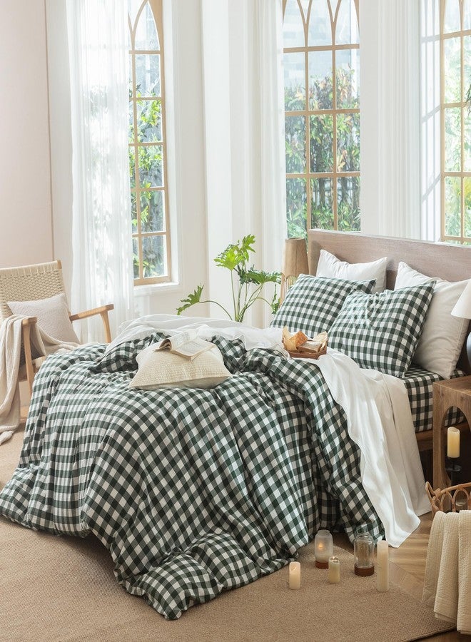 مومى طقم غطاء لحاف MooMee Gingham، مصنوع من القطن المغسول بنسبة 100%، ذو ملمس يشبه الكتان، يسمح بمرور الهواء، متين، ناعم ومريح، بتصميم عصري بنقشة مربعات (نقشة الجاموس، أخضر غابي، مقاس كينج 104 × 90 بوصة). - Image 3