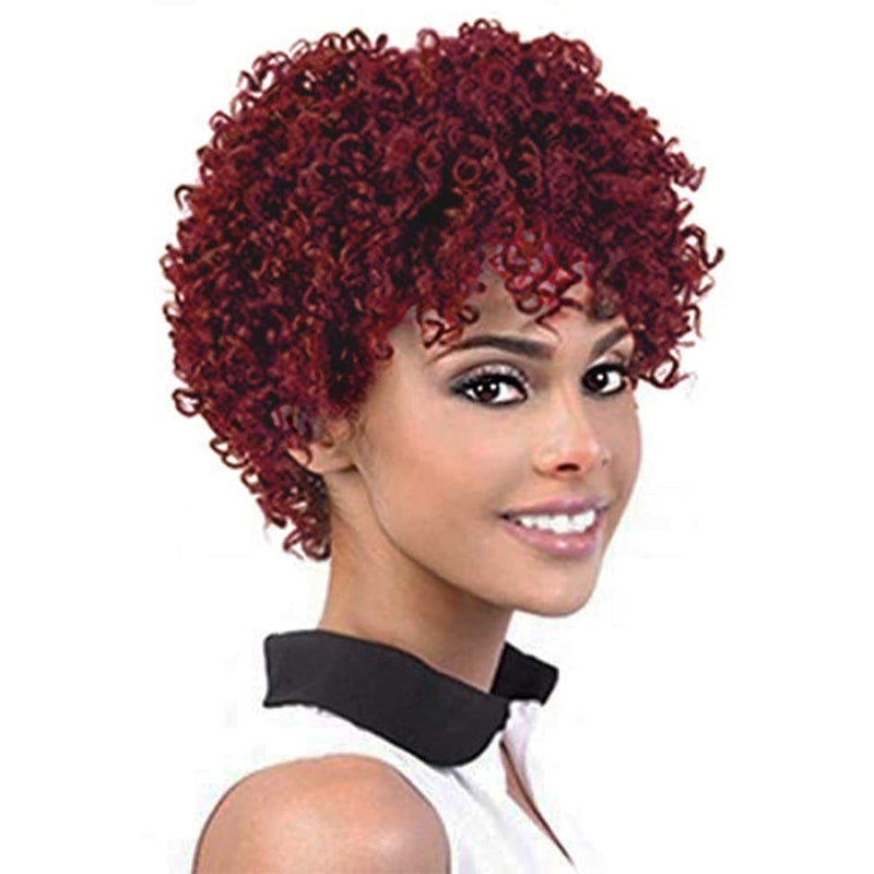 Swiking Short Wine Red Afro Curly Wigs for Women With Bangs Kinky Hair Soft Fluffy Synthetic Heat Resistant Daily Party Halloween Wigs Full WigsWine Red