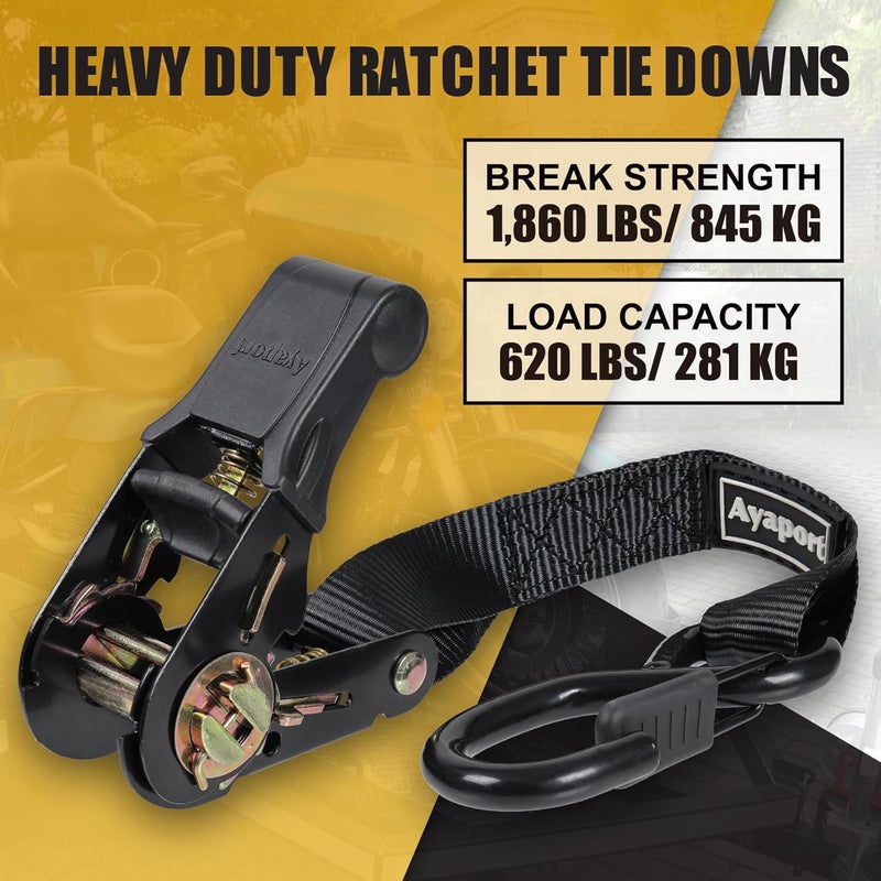 Ayaport Ratchet Straps Tie Downs, 1" x 10' Heavy Duty Ratchet Tie Down Straps, 1860lbs Break Strength, Larger Open S Hook W Safety Clip, Ratchet Strap for Motorcycle, Cargo, Truck Bed, Moving - Image 2