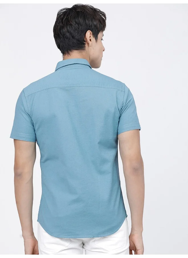 شركة المرآب الهندية Teal Blue Slim Fit Casual Plain Shirt