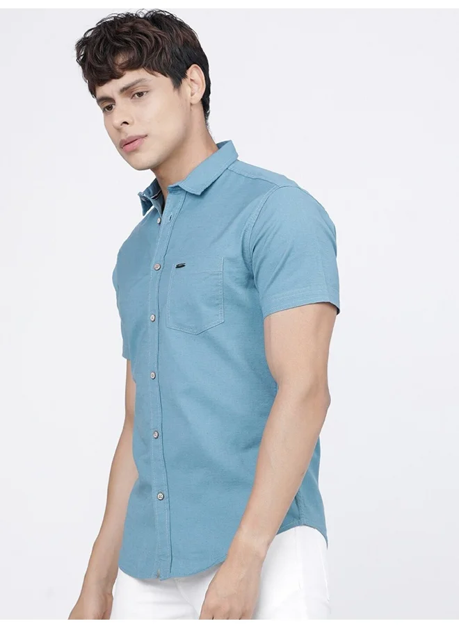 شركة المرآب الهندية Teal Blue Slim Fit Casual Plain Shirt