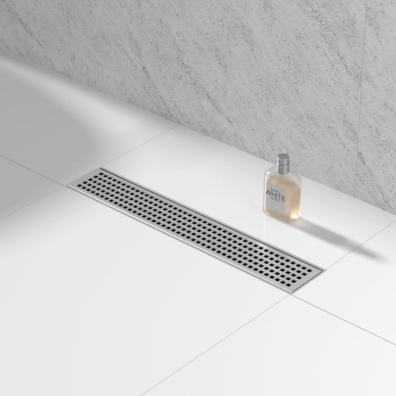 Bernkot Linear Shower Drain 18 304 Stainless Steel Floor Drain with Grid Drain Cover Hair Strainer Rectangular Shower Drain wCUPC Certified Brushed