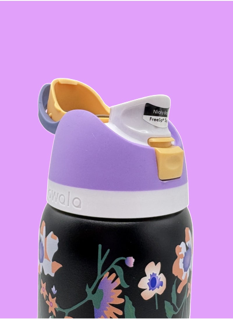 Owala - 32 Oz. Owala FreeSip Stainless Steel Water Bottle in Black with flower - Image 1