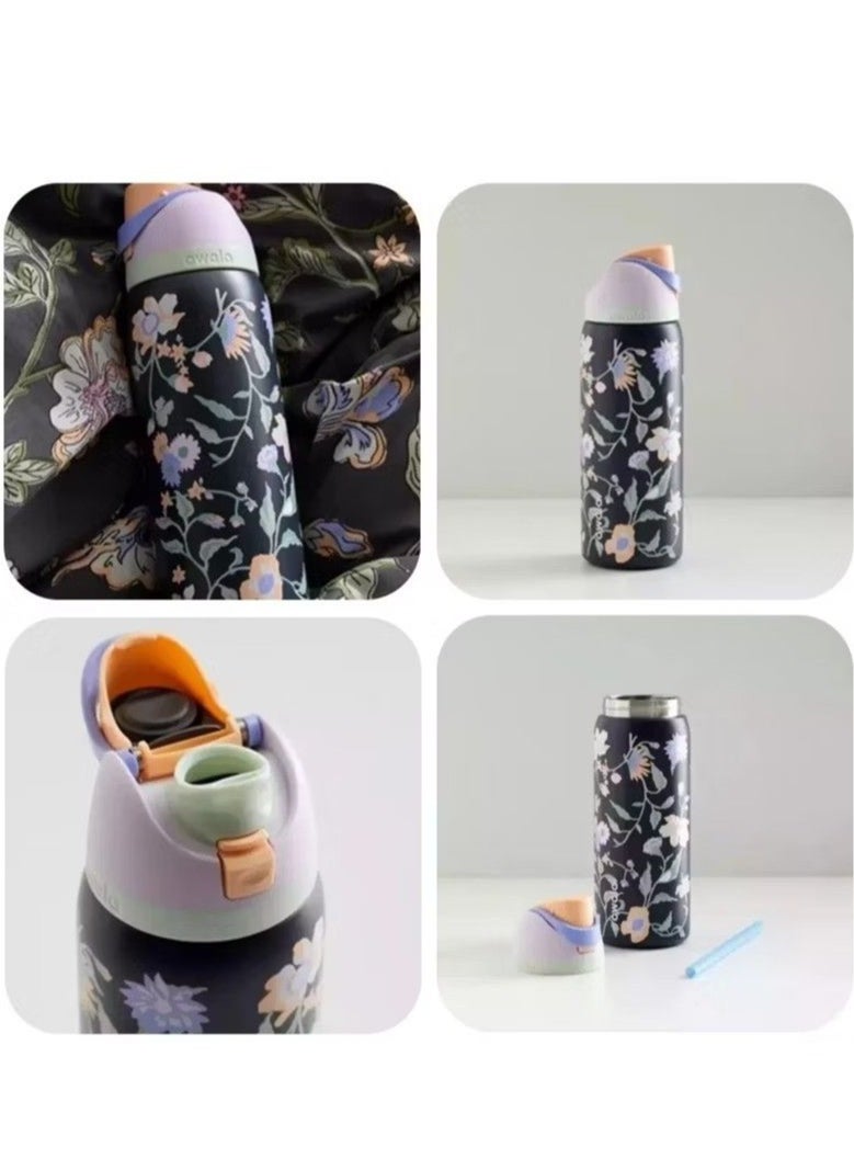 Owala - 32 Oz. Owala FreeSip Stainless Steel Water Bottle in Black with flower - Image 1