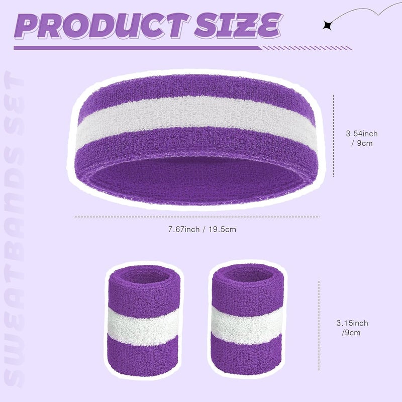 Bememo 6 Pcs Neon Sweatbands Set for Men Women 80s Tennis Striped Headband Sports Wristband Set Costumes Glow Cosplay Party - Image 3