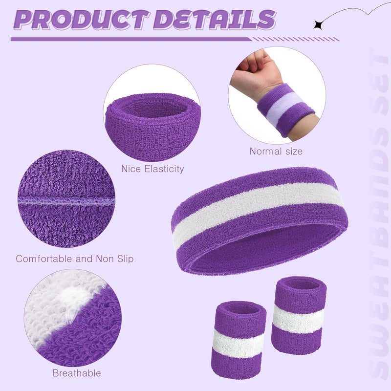 Bememo 6 Pcs Neon Sweatbands Set for Men Women 80s Tennis Striped Headband Sports Wristband Set Costumes Glow Cosplay Party - Image 5