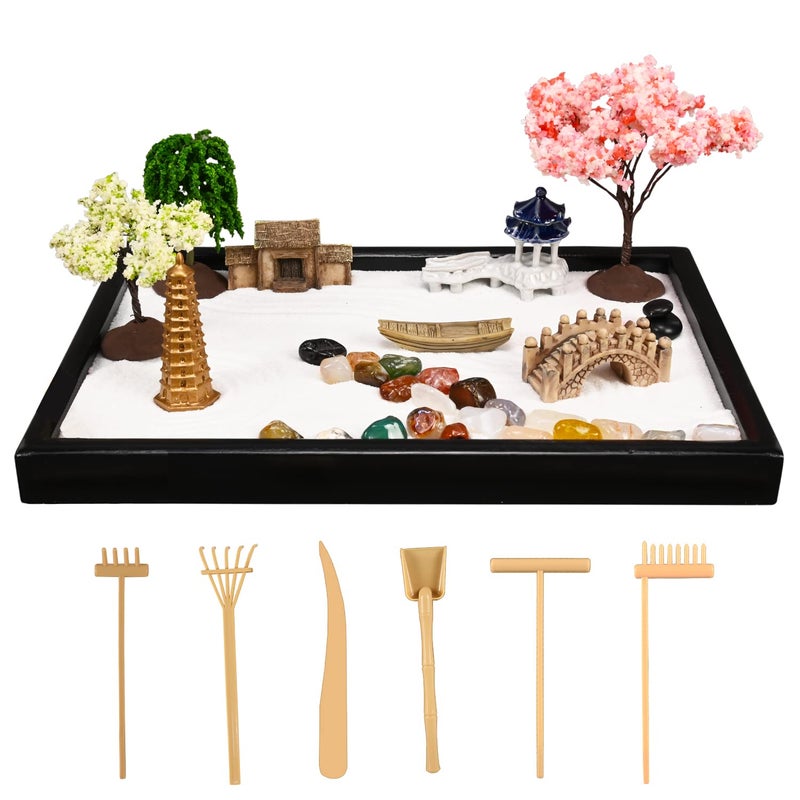Yoquare Mini Zen Garden White Sand 10 x 7 Rectangular Plastic Tray with Meditation Accessories