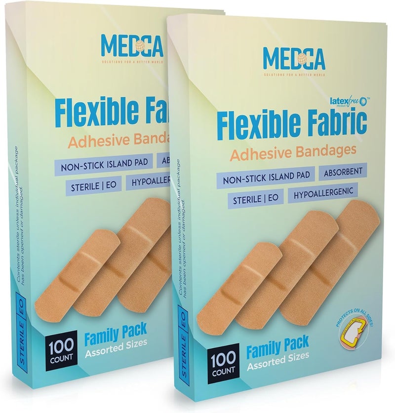 MEDca Flexible Fabric Adhesive Bandages for Comfortable Flexible Large Protection  Wound Care of Minor Cuts Scrapes  Wounds Assorted Sizes 214x58 3 x34 3x1  Twin Pack 100 CT Box - Image 1