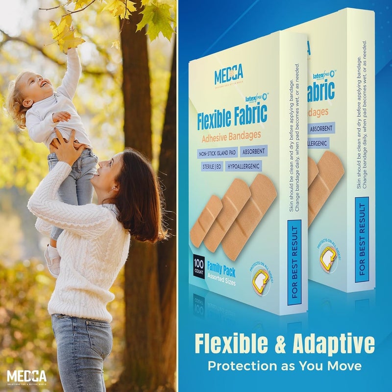 MEDca Flexible Fabric Adhesive Bandages for Comfortable Flexible Large Protection  Wound Care of Minor Cuts Scrapes  Wounds Assorted Sizes 214x58 3 x34 3x1  Twin Pack 100 CT Box - Image 2