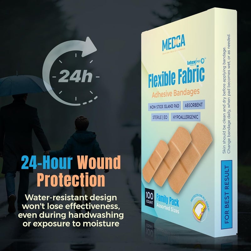 MEDca Flexible Fabric Adhesive Bandages for Comfortable Flexible Large Protection  Wound Care of Minor Cuts Scrapes  Wounds Assorted Sizes 214x58 3 x34 3x1  Twin Pack 100 CT Box - Image 5