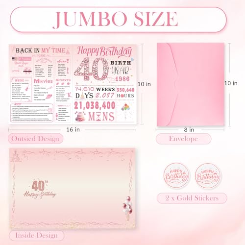 OLOSONG 40th Birthday Card for Women, 40th Birthday Decoration, Sweet Funny 40 Year Old Birthday Gifts Idea, Greeting Cards for Wife Mother Aunt Daughter Friend Sister Mon Her, Jumbo Back In 1986 Pink - Image 3