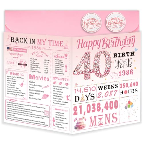 OLOSONG 40th Birthday Card for Women, 40th Birthday Decoration, Sweet Funny 40 Year Old Birthday Gifts Idea, Greeting Cards for Wife Mother Aunt Daughter Friend Sister Mon Her, Jumbo Back In 1986 Pink - Image 1
