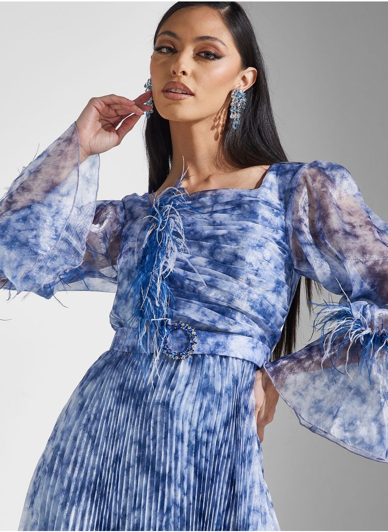 Flared Sleeve Tiered Printed Dress