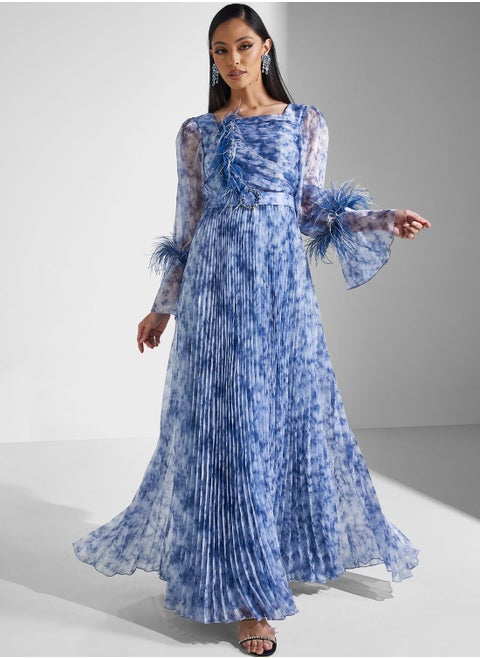 Flared Sleeve Tiered Printed Dress