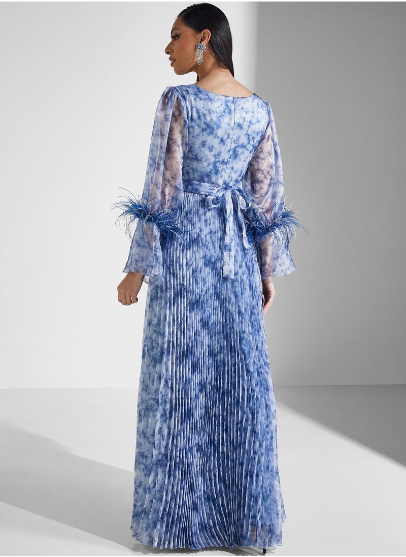 Flared Sleeve Tiered Printed Dress