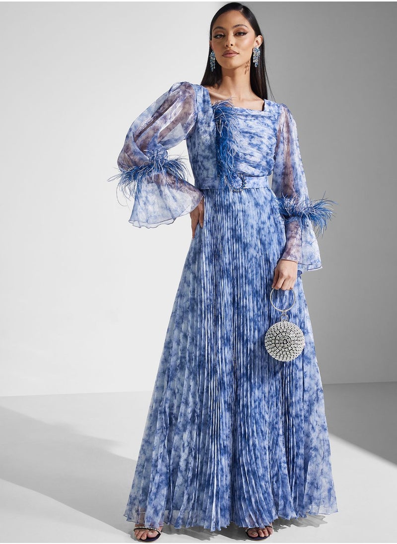 Flared Sleeve Tiered Printed Dress