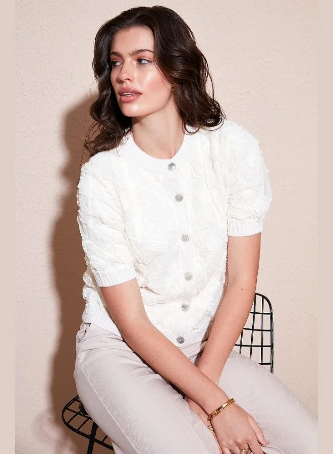 Lela Lela Premium Regular Fit Crew Neck Tulle Floral Short Sleeve Cardigan Women's CARDIGAN 680HI00386