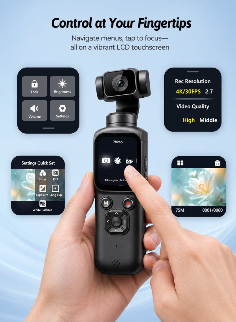 كاميرا تدوين فيديو 4K لليوتيوب، كاميرا رقمية محمولة بدقة 75MP مع عدسة جيمبال دوارة 330 درجة، طقم كاميرا محمولة للسفر وصناعة المحتوى مع حامل ثلاثي وكابل Type-C وسوار يد وحقيبة قماش تنظيف وبطاقة ذاكرة 32GB - Image 5