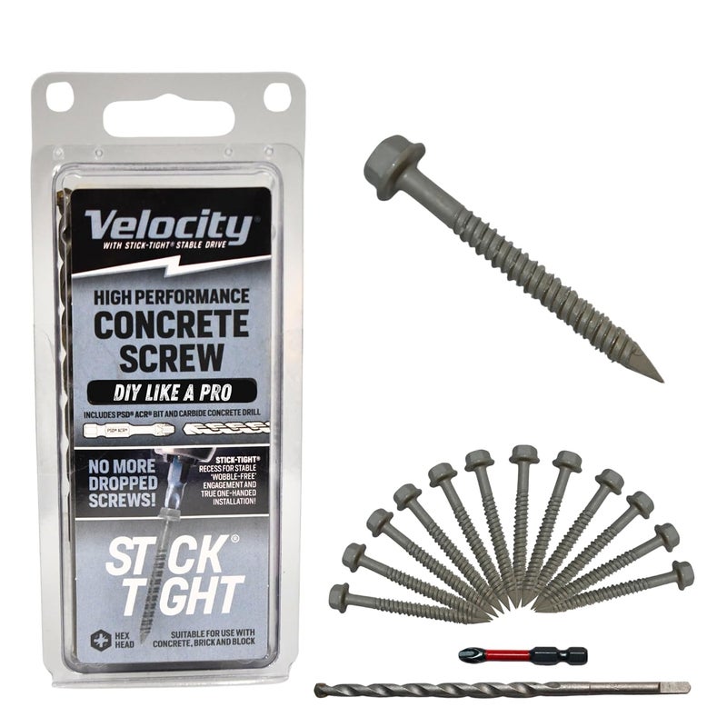 Phillips' Velocity 2 1/4 Concrete Screws Set (Hex Head, 1/4") – Includes 12 High-Performance Masonry Screws PCS, Stick Tight Technology, 1 PSD ACR Drive Bit and 1 Carbide Concrete Drill Bit - Image 1
