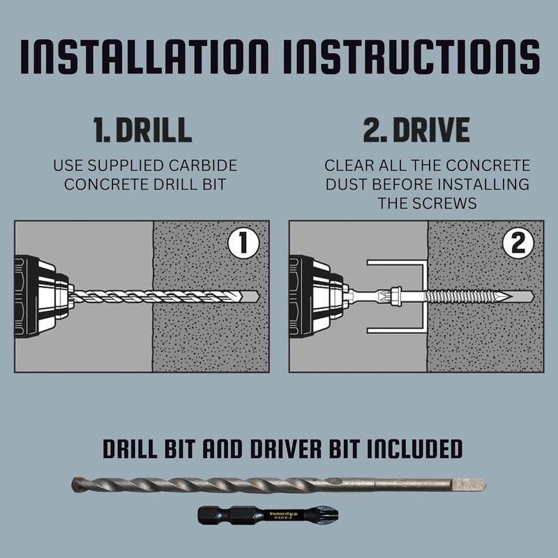 Phillips' Velocity 2 1/4 Concrete Screws Set (Hex Head, 1/4") – Includes 12 High-Performance Masonry Screws PCS, Stick Tight Technology, 1 PSD ACR Drive Bit and 1 Carbide Concrete Drill Bit - Image 4