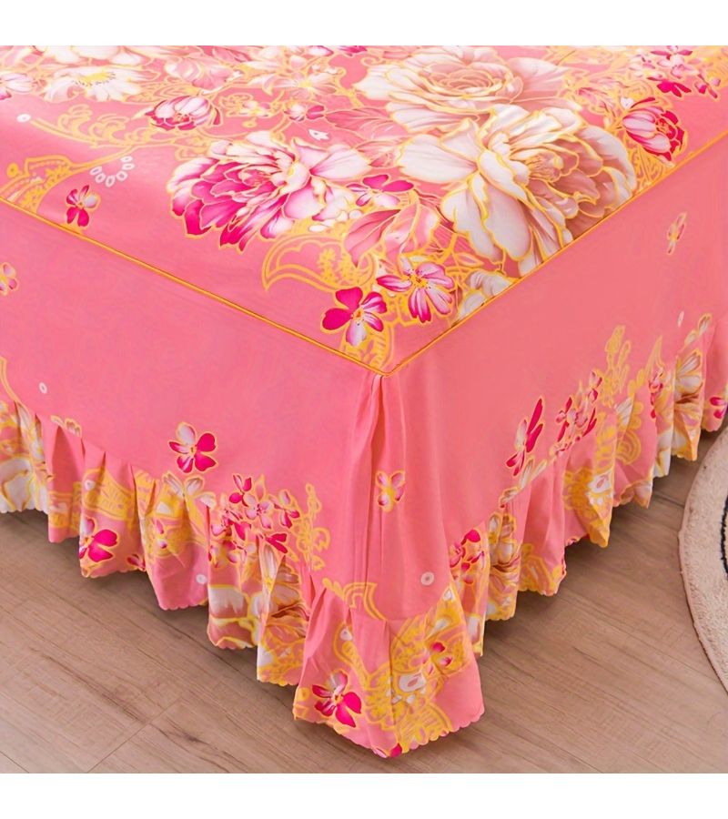 3 Pcs Twin Bed Skirt Set The Prosperous Flower Capital Rose Red Floral Print Soft Breathable Moisture Absorbent Bed Skirt With 1 Pair Pillowcases Non Slip Straps Dust Cover All Season Use - Image 5