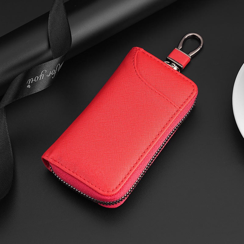 New Mens Key Pouch Large Capacity Leather Multi-Slot Saffiano-Red-Key Bag