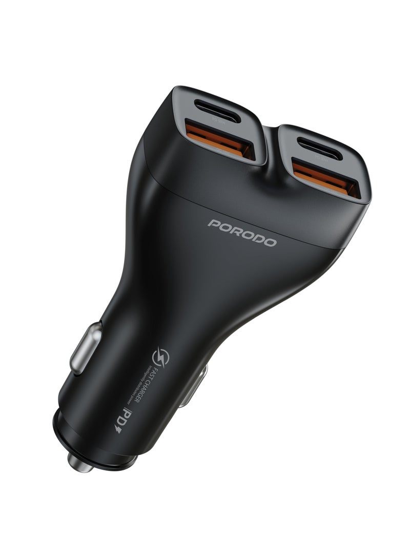 porodo DUALPOWER 102W Car Charger/ PD 30W/ QC 18W/ x2 USB-C & x2 USB-A/ Fast Charging /102W High Power Output / Quick Charge/ Efficient Charging for Multiple Devices Car Charger - Black - Image 1