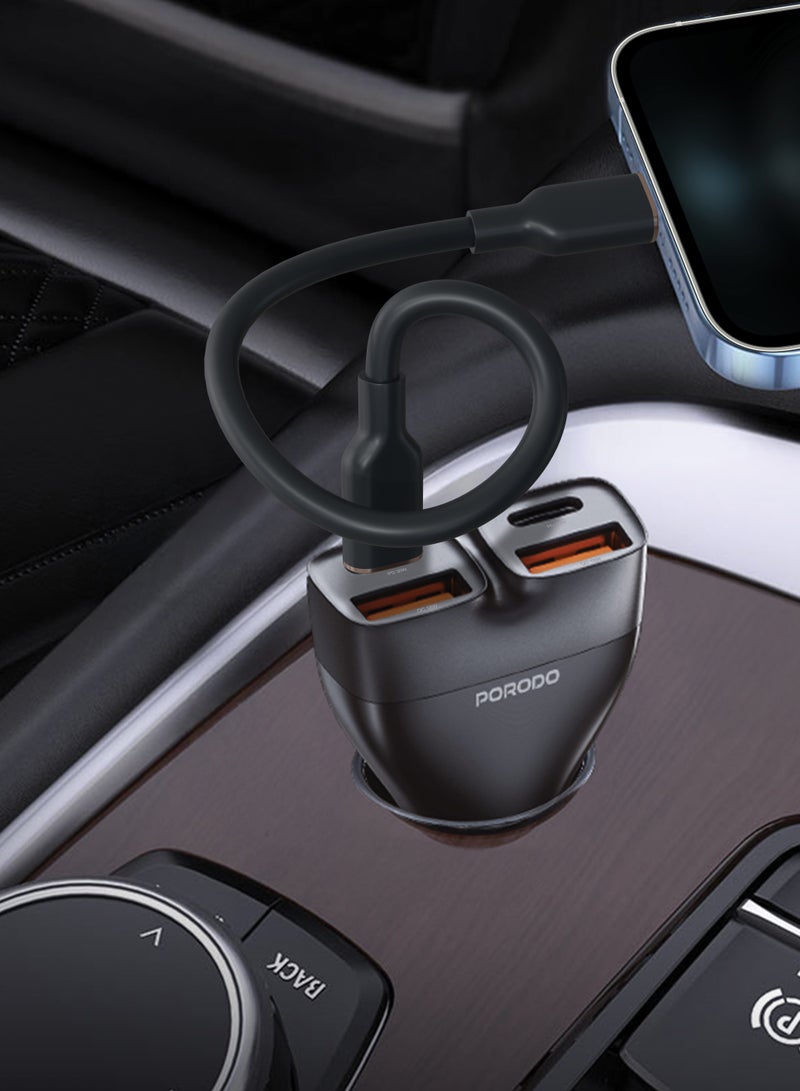 porodo DUALPOWER 102W Car Charger/ PD 30W/ QC 18W/ x2 USB-C & x2 USB-A/ Fast Charging /102W High Power Output / Quick Charge/ Efficient Charging for Multiple Devices Car Charger - Black - Image 2