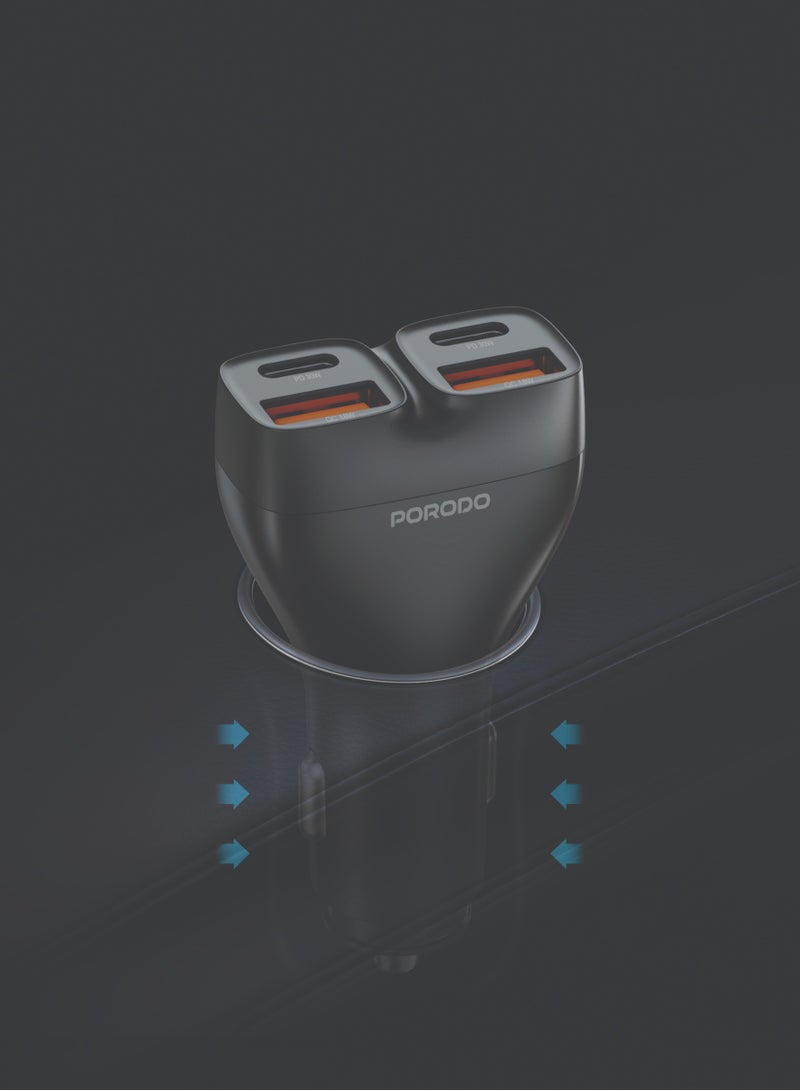 porodo DUALPOWER 102W Car Charger/ PD 30W/ QC 18W/ x2 USB-C & x2 USB-A/ Fast Charging /102W High Power Output / Quick Charge/ Efficient Charging for Multiple Devices Car Charger - Black - Image 4