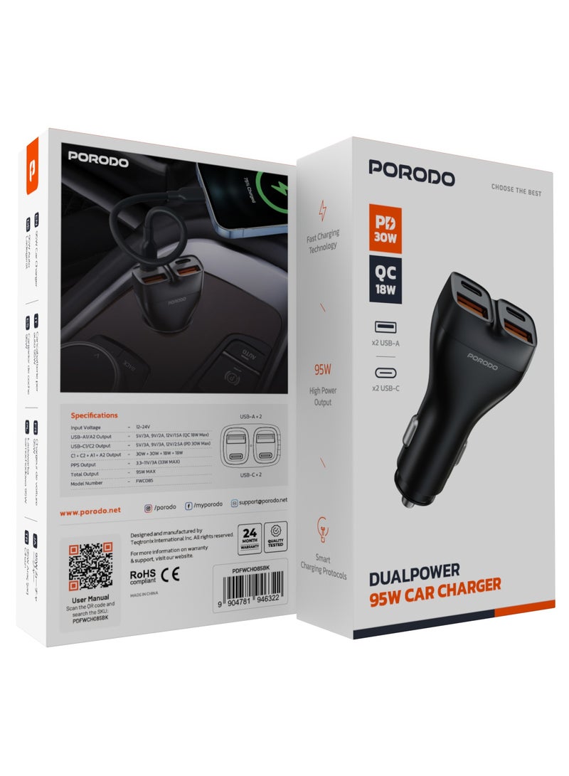porodo DUALPOWER 102W Car Charger/ PD 30W/ QC 18W/ x2 USB-C & x2 USB-A/ Fast Charging /102W High Power Output / Quick Charge/ Efficient Charging for Multiple Devices Car Charger - Black - Image 5