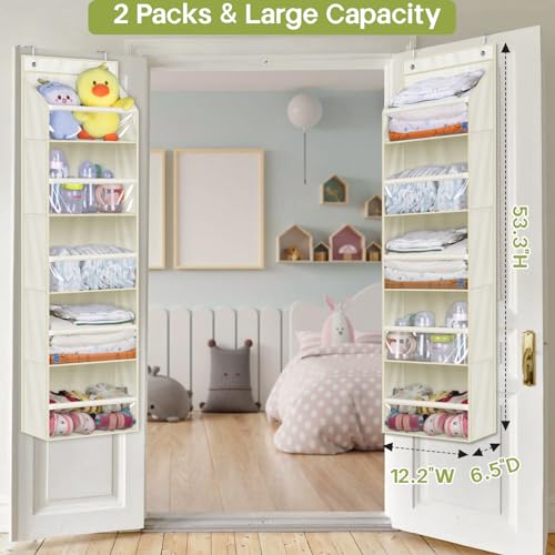 AOODA 2 Pack Over the Door Organizer, Large Capacity Closet Door Hanging Organizer, Clear Deep Pockets Baby Storage for Nursery, Bathroom, Bedroom, Pantry, Diapers (Light Yellow) - Image 2