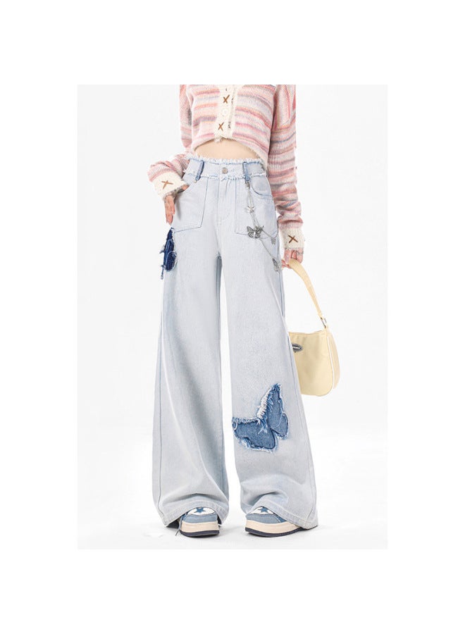 Ripped Gradient Jeans Women's Summer Thin High Waist Straight Wide Leg Loose Long Pants 