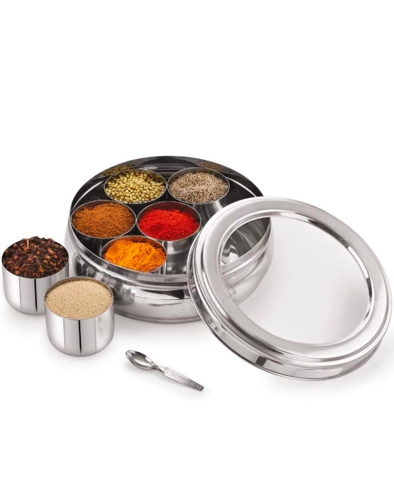 DARAZ Steel Belly Shape Masala Spice BoxDabbaOrganiser with See Through Lid with 7 Containers and Small Spoon Medium - Image 1