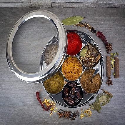 DARAZ Steel Belly Shape Masala Spice BoxDabbaOrganiser with See Through Lid with 7 Containers and Small Spoon Medium - Image 4