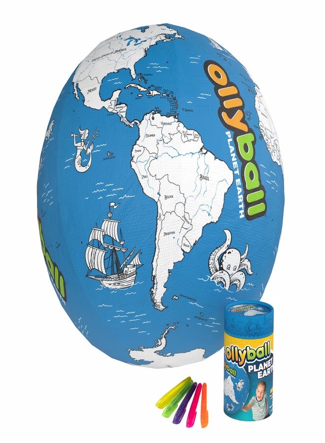 Ollyball Planet Earth 22" Mega - Large Bouncy Ball for Kids Indoor and Outdoor Play - Giant Inflatable Ball for Exercise - STEAM Accredited Colorable World Map with 24-Page Lesson Plan - Image 1