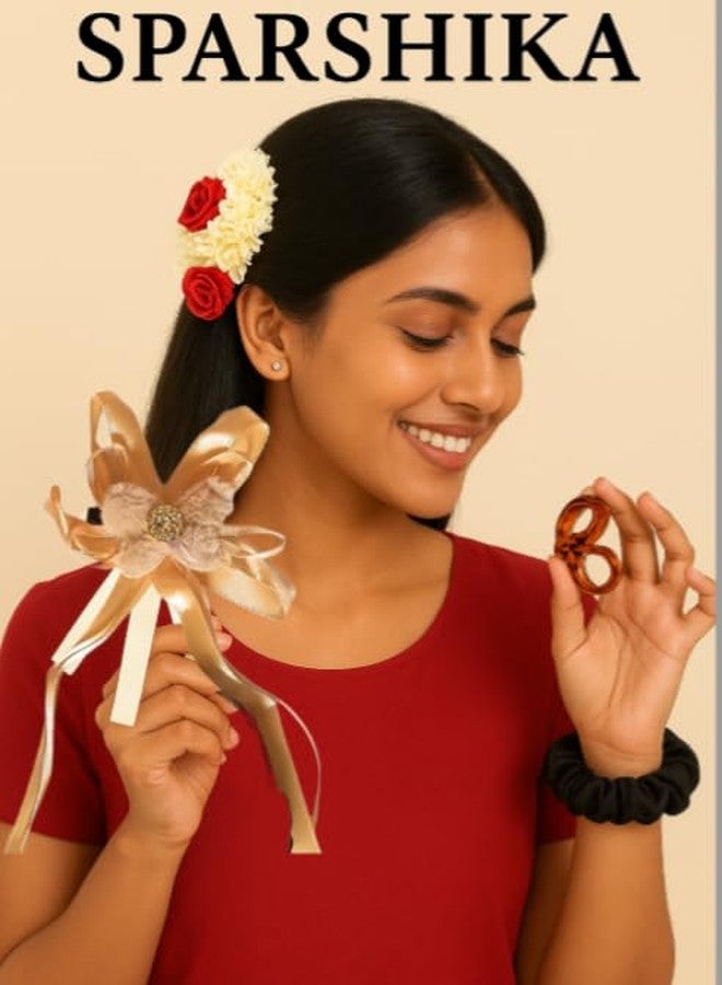 SPARSHIKA Geeta creation SPARSHIKA Premium Bridal Juda Gajra & Hair Accessories Combo Set for Women & Girls | Flower Juda, Satin Scrunchies, Hair Bow Clips & Rubber Bands | For Wedding, Party, Festive Look |11 Piece Collection - Image 2