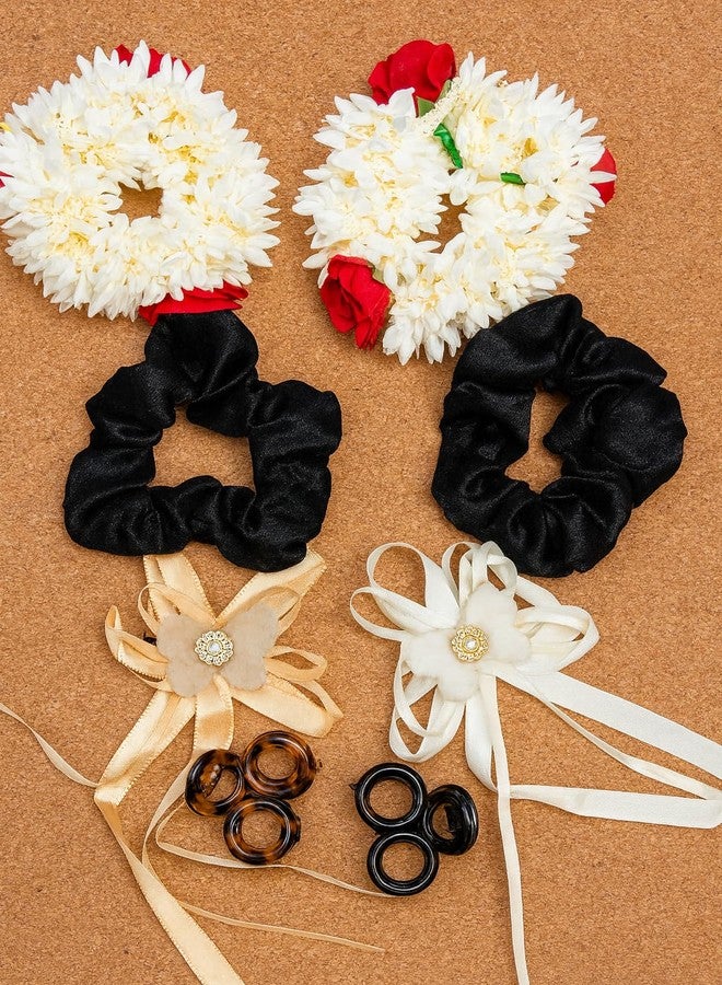 SPARSHIKA Geeta creation SPARSHIKA Premium Bridal Juda Gajra & Hair Accessories Combo Set for Women & Girls | Flower Juda, Satin Scrunchies, Hair Bow Clips & Rubber Bands | For Wedding, Party, Festive Look |11 Piece Collection - Image 1