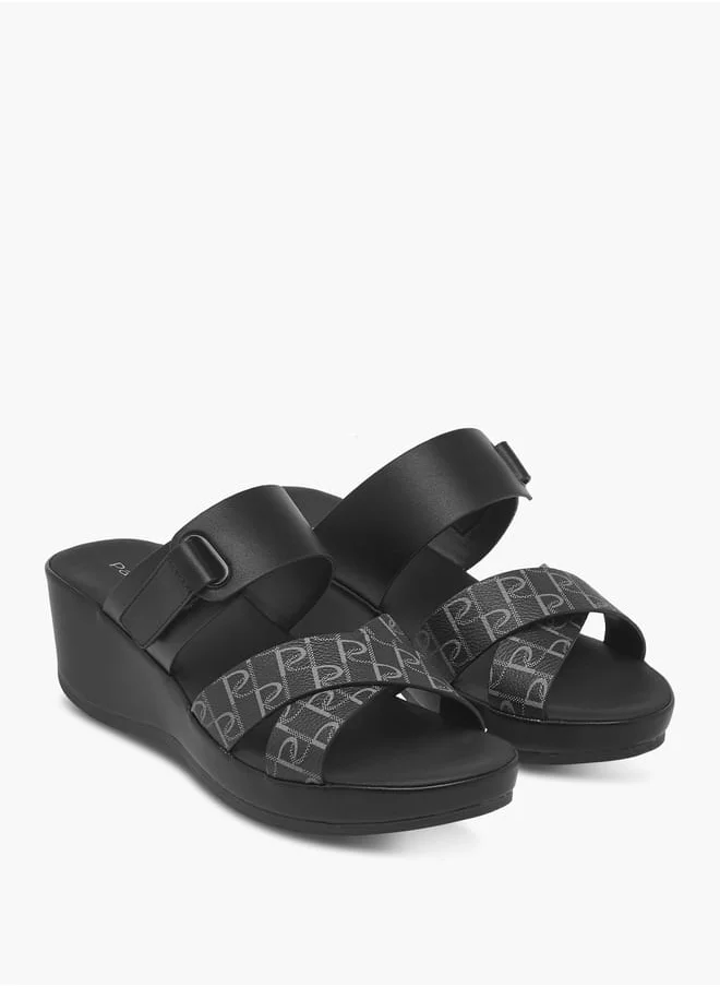 بابريكا Women's Monogram Print Slip-On Cross-Strap Sandals With Wedge Heel