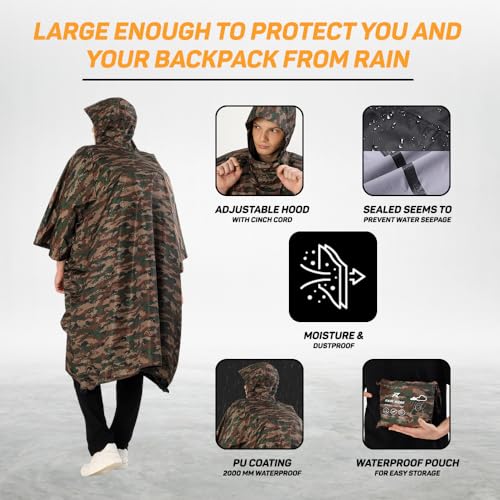 ROCKSPORT Unisex Outdoor Rain Poncho for Adult,Multi Use, Waterproof, Lightweight, Reusable & Packable, One Size Fits Most (Camo) - Image 3
