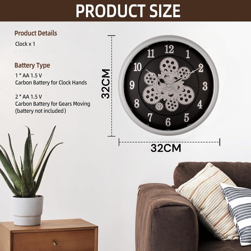 De'rons Derons Rotating Moving Gears Wall Clock Industrial Steampunk Real Moving Gear Designer Wall Clock for Living Room Home Decor Office Wooden Look Plastic Round 32cm DC1387 Silver Black - Image 3