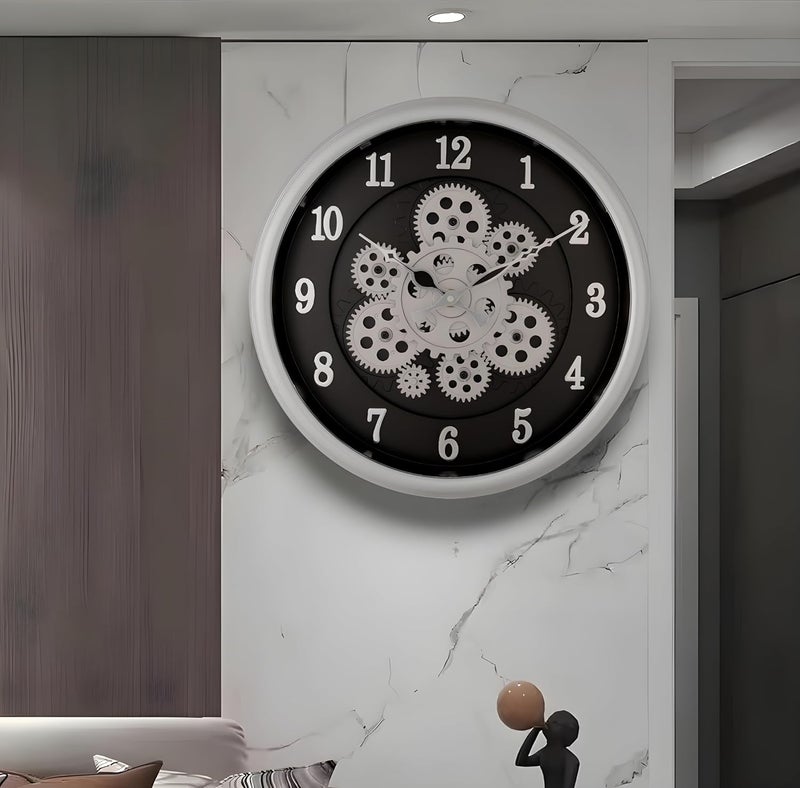 De'rons Derons Rotating Moving Gears Wall Clock Industrial Steampunk Real Moving Gear Designer Wall Clock for Living Room Home Decor Office Wooden Look Plastic Round 32cm DC1387 Silver Black - Image 1