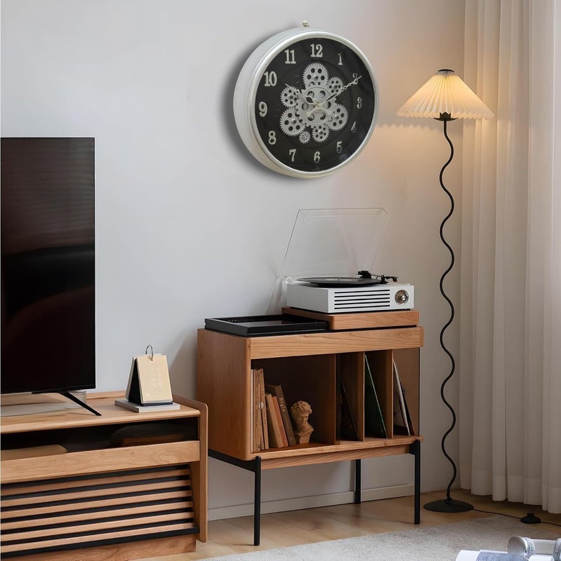 De'rons Derons Rotating Moving Gears Wall Clock Industrial Steampunk Real Moving Gear Designer Wall Clock for Living Room Home Decor Office Wooden Look Plastic Round 32cm DC1387 Silver Black - Image 2