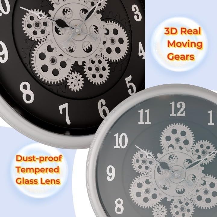 De'rons Derons Rotating Moving Gears Wall Clock Industrial Steampunk Real Moving Gear Designer Wall Clock for Living Room Home Decor Office Wooden Look Plastic Round 32cm DC1387 Silver Black - Image 5