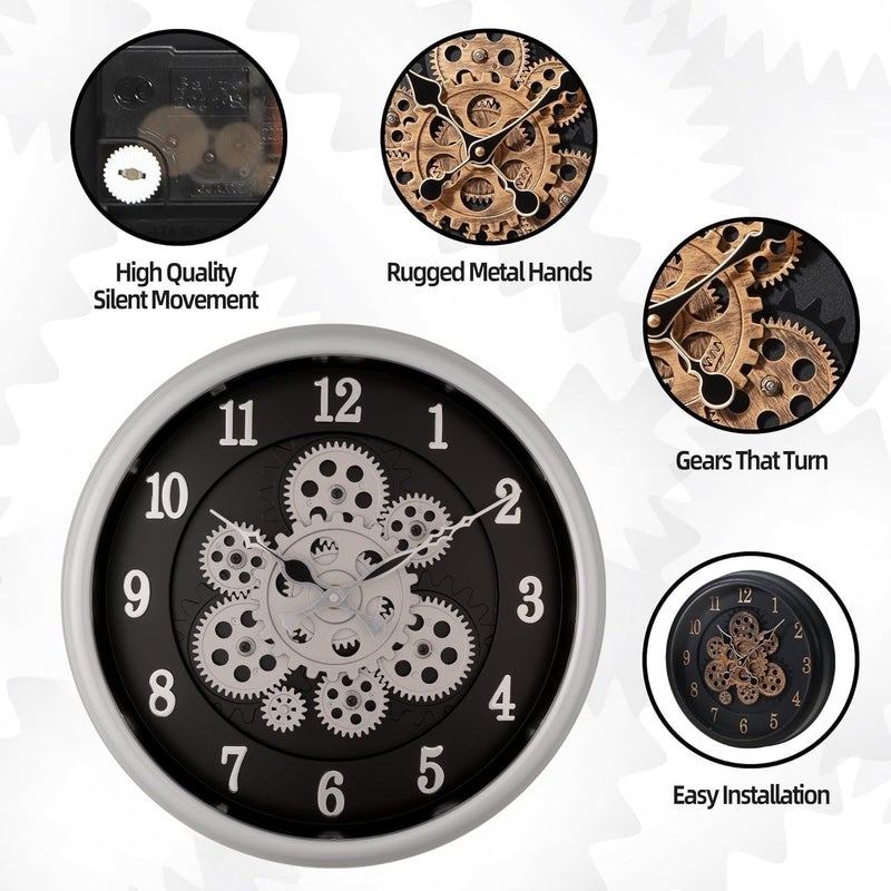 De'rons Derons Rotating Moving Gears Wall Clock Industrial Steampunk Real Moving Gear Designer Wall Clock for Living Room Home Decor Office Wooden Look Plastic Round 32cm DC1387 Silver Black - Image 4