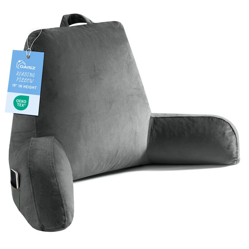 OAISZ Reading Pillow for Sitting in Bed Adult, 19" Reading Pillow with Shredded Memory Foam, Back Pillow for Sitting Up with Extend Arms, Pockets, Bed Pillow with Washable Cover, Grey - Image 1