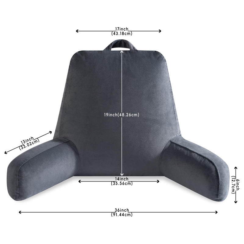 OAISZ Reading Pillow for Sitting in Bed Adult, 19" Reading Pillow with Shredded Memory Foam, Back Pillow for Sitting Up with Extend Arms, Pockets, Bed Pillow with Washable Cover, Grey - Image 2