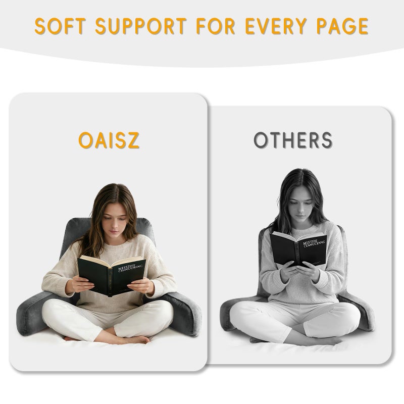 OAISZ Reading Pillow for Sitting in Bed Adult, 19" Reading Pillow with Shredded Memory Foam, Back Pillow for Sitting Up with Extend Arms, Pockets, Bed Pillow with Washable Cover, Grey - Image 5