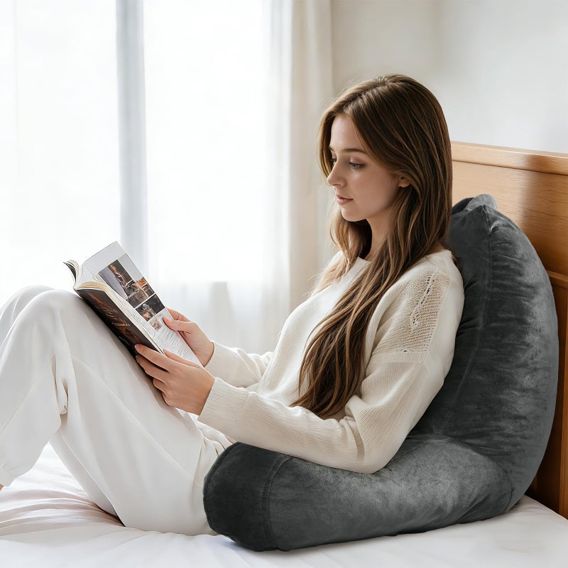 OAISZ Reading Pillow for Sitting in Bed Adult, 19" Reading Pillow with Shredded Memory Foam, Back Pillow for Sitting Up with Extend Arms, Pockets, Bed Pillow with Washable Cover, Grey - Image 3