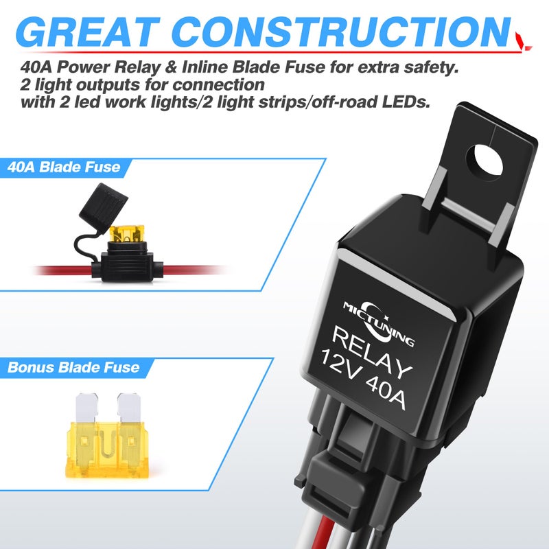 MICTUNING MIC-B1002 LED Light Bar Wiring Harness, Fuse 40A Relay On-off Waterproof Switch - Image 3