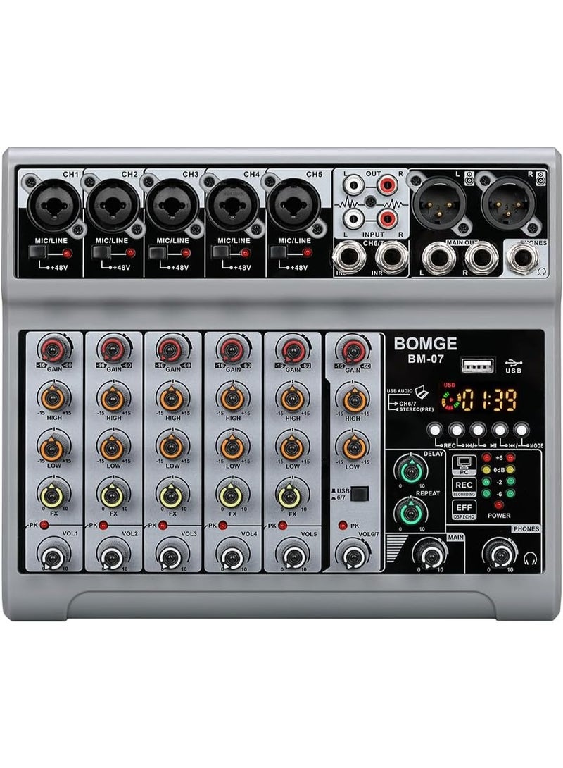 BOMGE BM-07 7 Channel Audio Mixer with USB Bluetooth 48V Phantom Power for Recording Streaming and Podcasting - Image 1